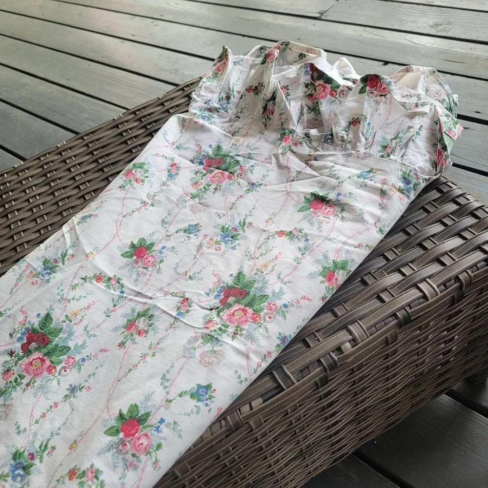 Vintage Ralph Lauren Blaine TWIN Ruffled Flat Sheet White Floral 100% Cotton